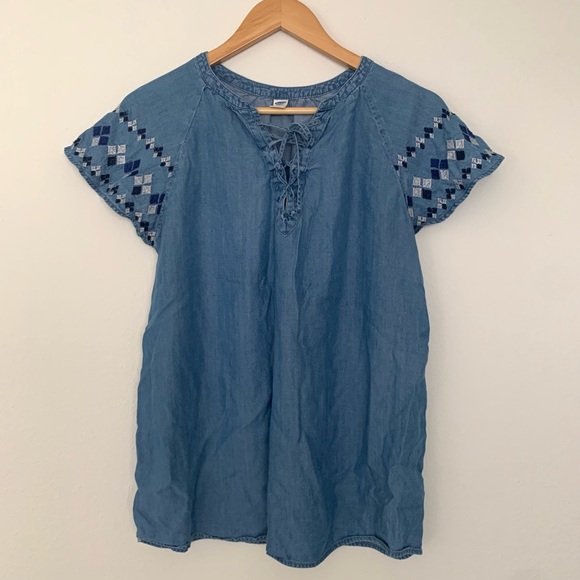 Tops - 🌿 Women’s Blue Denim Shirt Top with Embroidered Sleeves